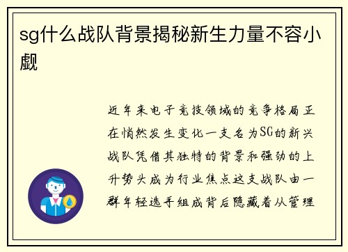 sg什么战队背景揭秘新生力量不容小觑