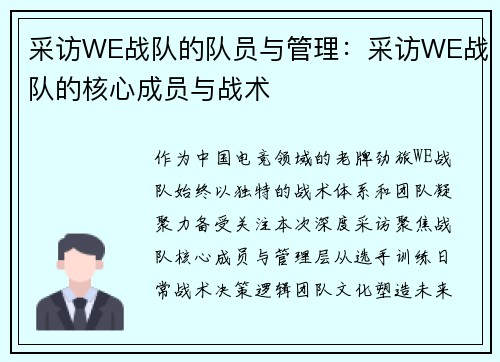 采访WE战队的队员与管理：采访WE战队的核心成员与战术